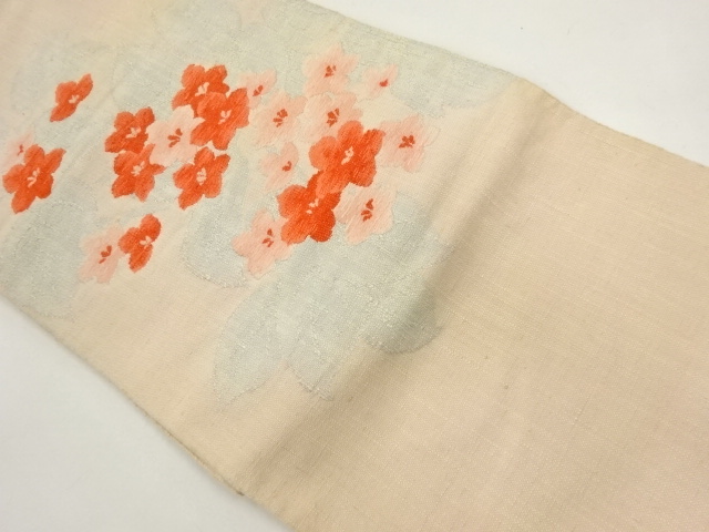 アンティーク　手織り真綿紬草花模様織出し名古屋帯